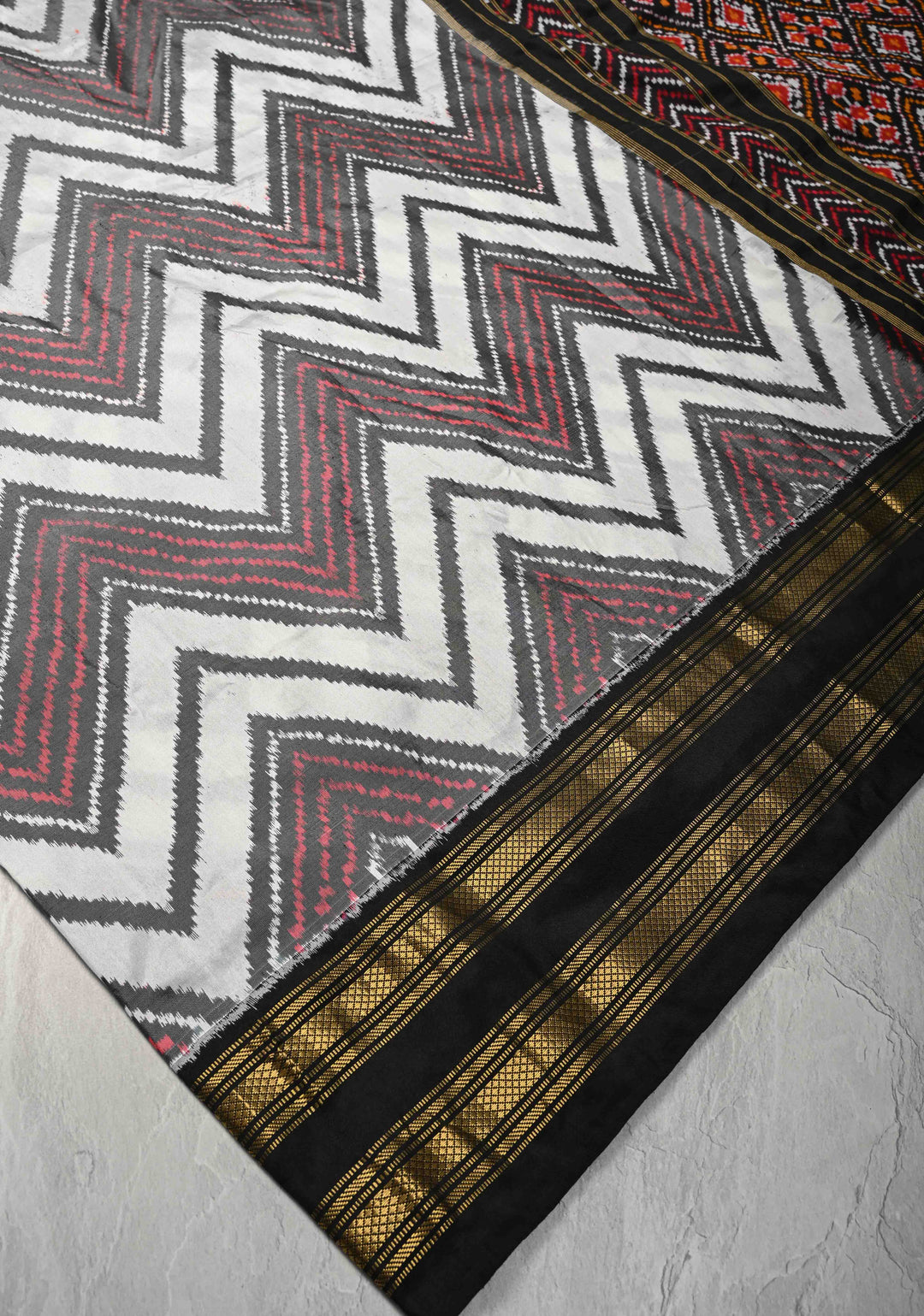 White-Gray Pochampally Ikkat Pure Silk Saree with Chevron Pattern and Rettaipet Border  | SILK MARK CERTIFIED