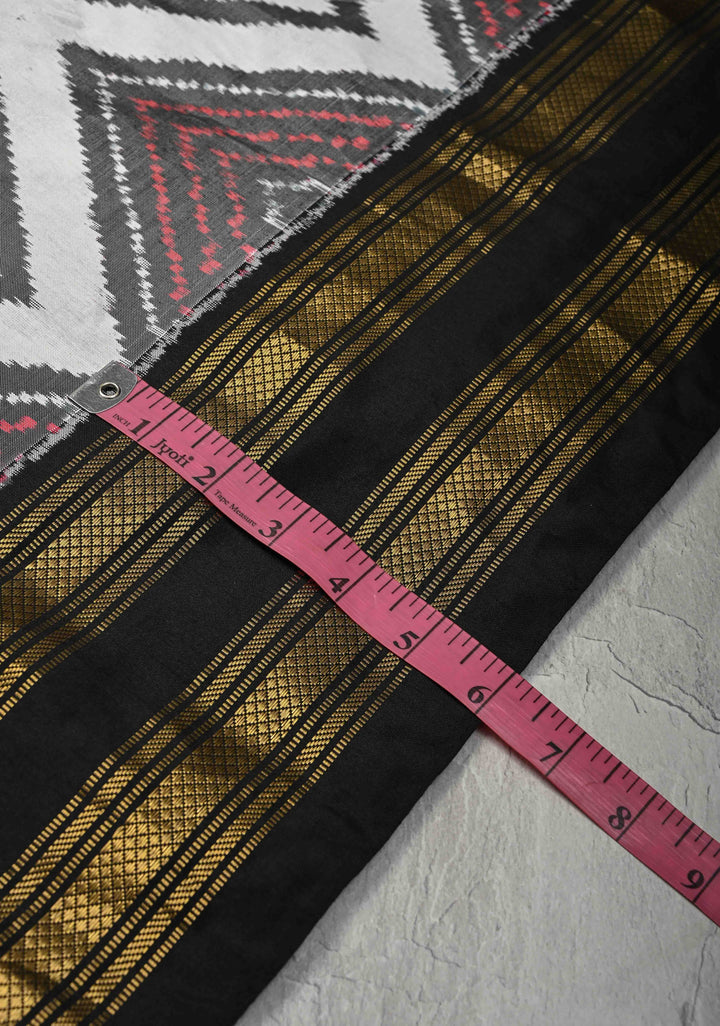 White-Gray Pochampally Ikkat Pure Silk Saree with Chevron Pattern and Rettaipet Border  | SILK MARK CERTIFIED