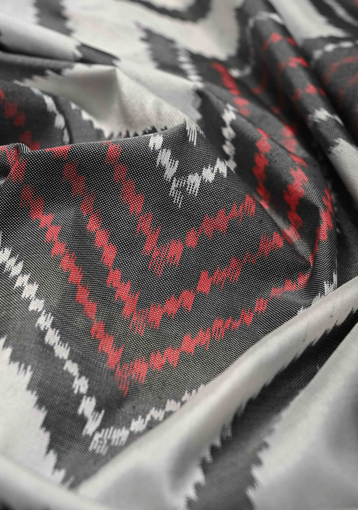White-Gray Pochampally Ikkat Pure Silk Saree with Chevron Pattern and Rettaipet Border  | SILK MARK CERTIFIED