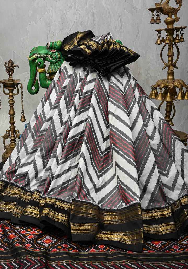 White-Gray Pochampally Ikkat Pure Silk Saree with Chevron Pattern and Rettaipet Border  | SILK MARK CERTIFIED