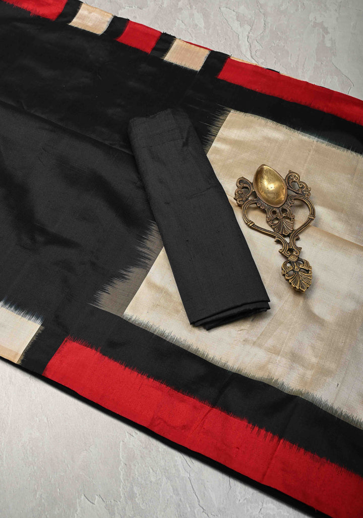 Black Ikkat Pure Silk Saree with contrast Border and Pallu | SILK MARK CERTIFIED