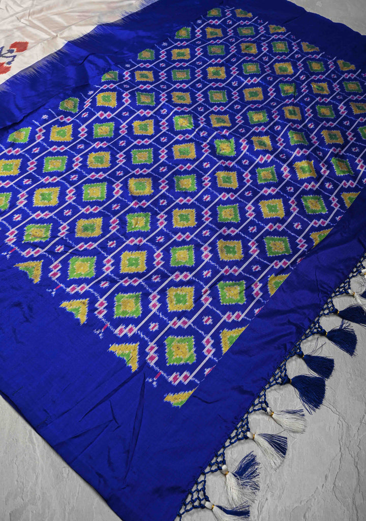 White Pochampally Ikkat Pure Silk Saree with Blue and Red Panel Border | SILK MARK CERTIFIED