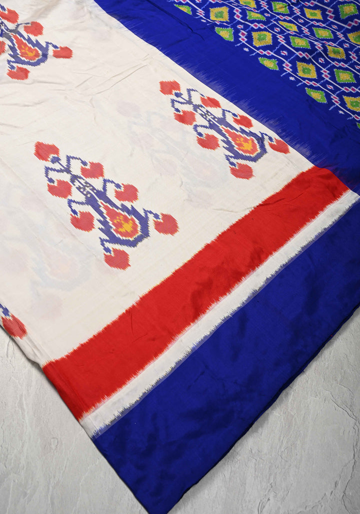 White Pochampally Ikkat Pure Silk Saree with Blue and Red Panel Border | SILK MARK CERTIFIED