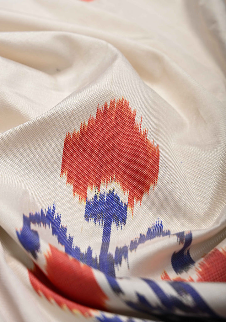White Pochampally Ikkat Pure Silk Saree with Blue and Red Panel Border | SILK MARK CERTIFIED