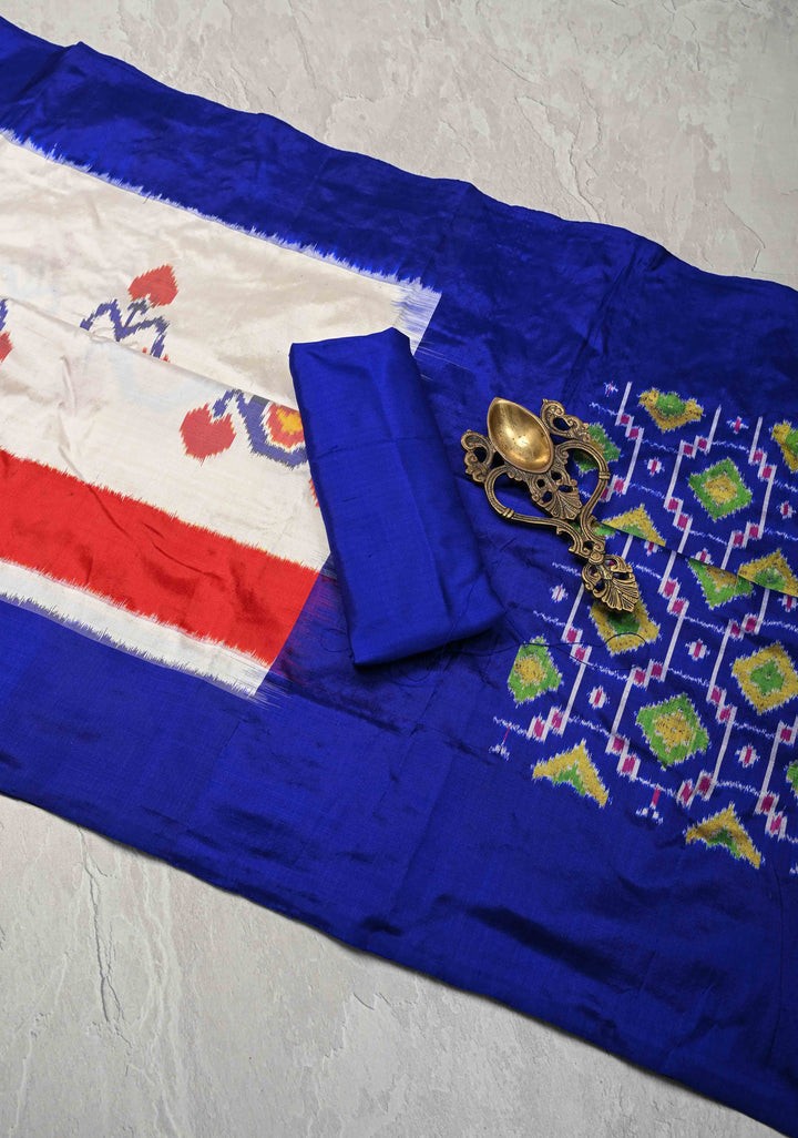 White Pochampally Ikkat Pure Silk Saree with Blue and Red Panel Border | SILK MARK CERTIFIED