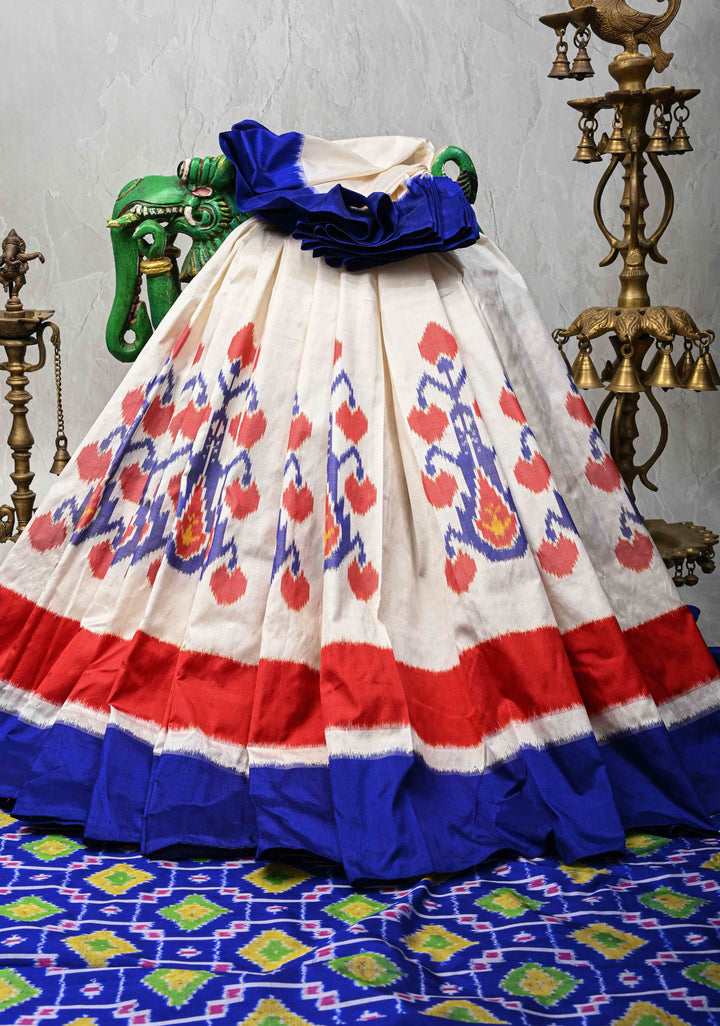 White Pochampally Ikkat Pure Silk Saree with Blue and Red Panel Border | SILK MARK CERTIFIED