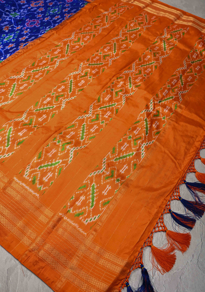 Cobalt Blue Pochampally Ikkat Pure Silk Saree with Brocade and Contrast Zari Border  | SILK MARK CERTIFIED
