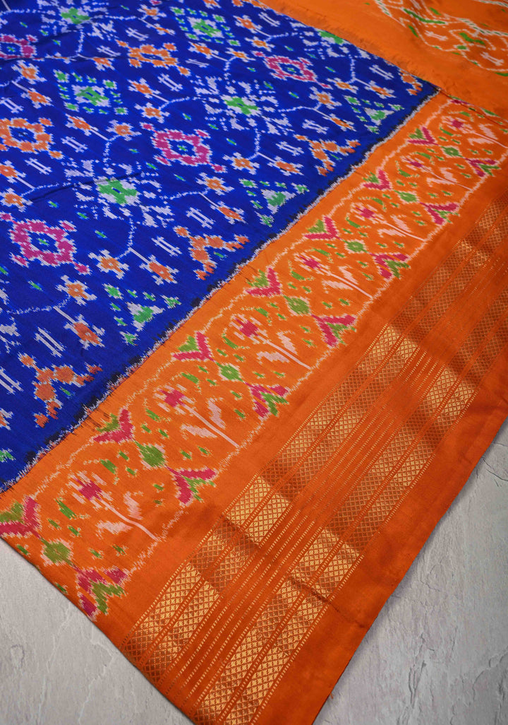 Cobalt Blue Pochampally Ikkat Pure Silk Saree with Brocade and Contrast Zari Border  | SILK MARK CERTIFIED