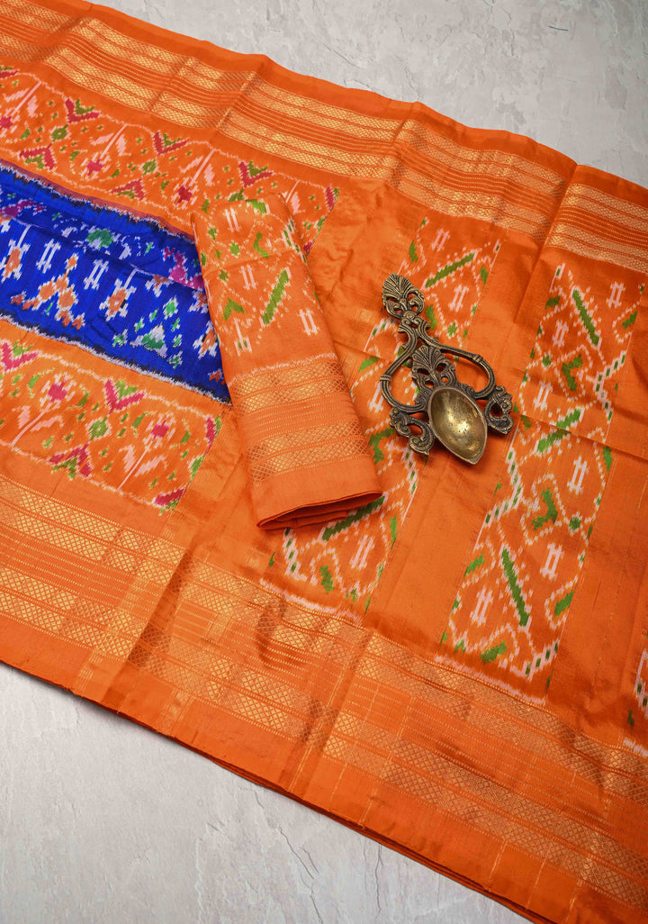 Cobalt Blue Pochampally Ikkat Pure Silk Saree with Brocade and Contrast Zari Border  | SILK MARK CERTIFIED