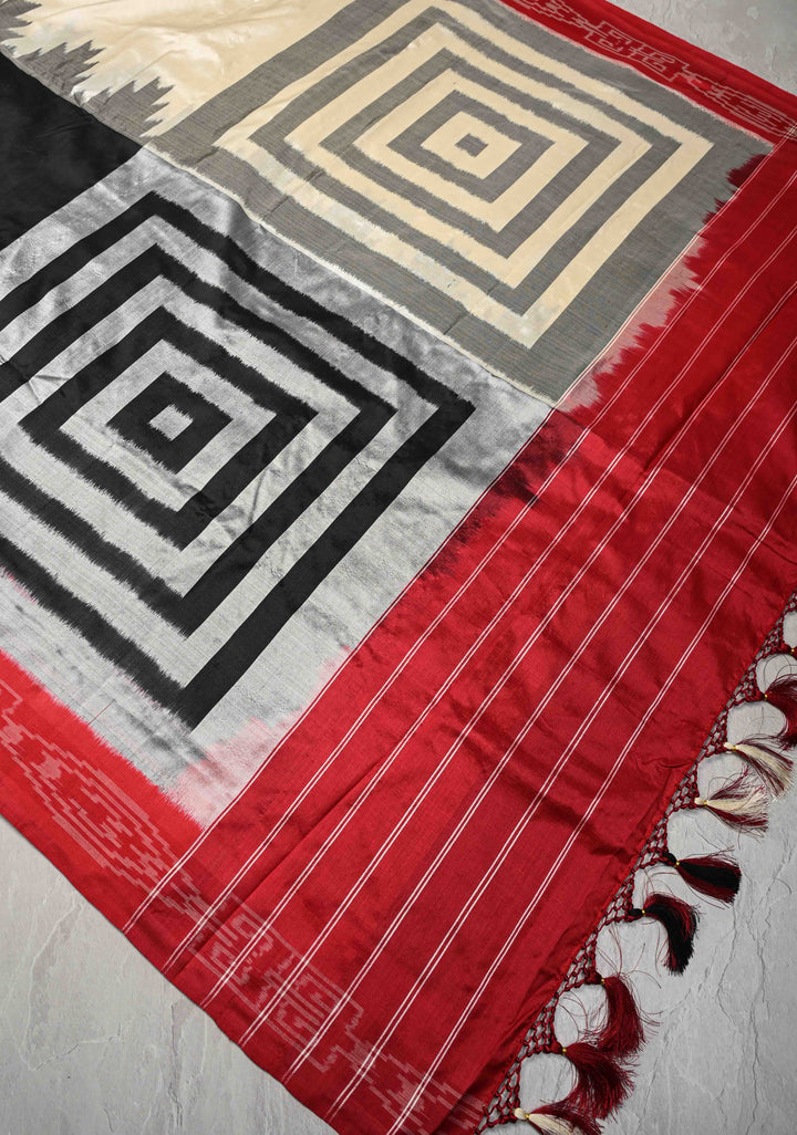 Off white-Black Pochampally Ikkat Pure Silk Half-Half Saree with Contrast Border and Geometric Motifs on Pallu  | SILK MARK CERTIFIED