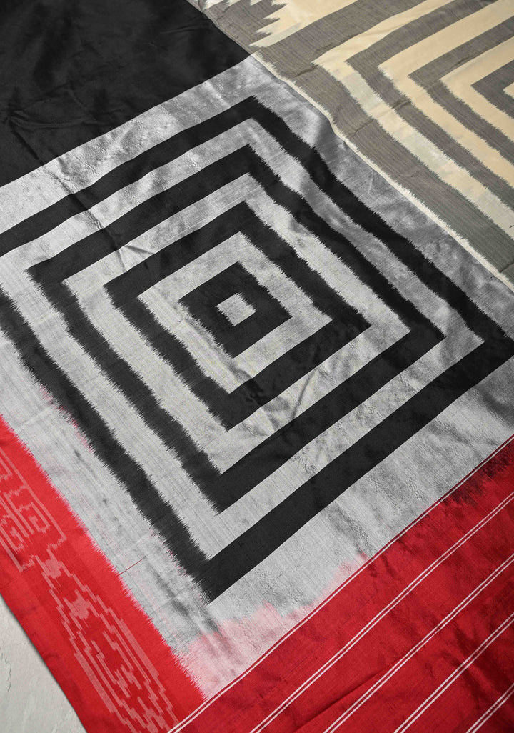 Off white-Black Pochampally Ikkat Pure Silk Half-Half Saree with Contrast Border and Geometric Motifs on Pallu  | SILK MARK CERTIFIED
