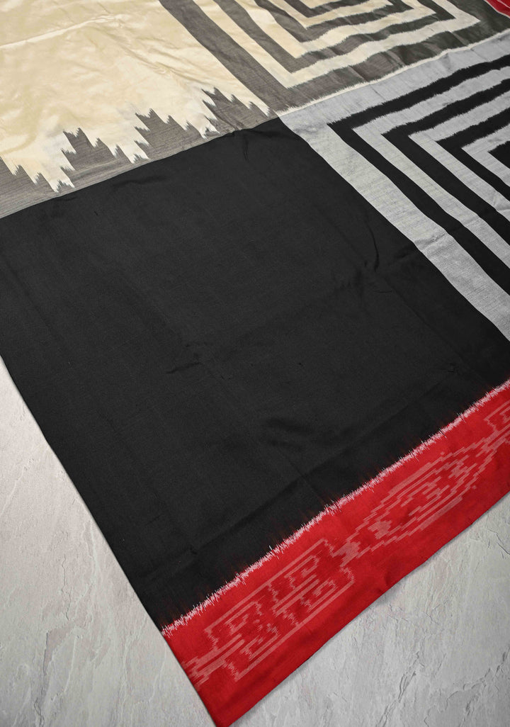 Off white-Black Pochampally Ikkat Pure Silk Half-Half Saree with Contrast Border and Geometric Motifs on Pallu  | SILK MARK CERTIFIED