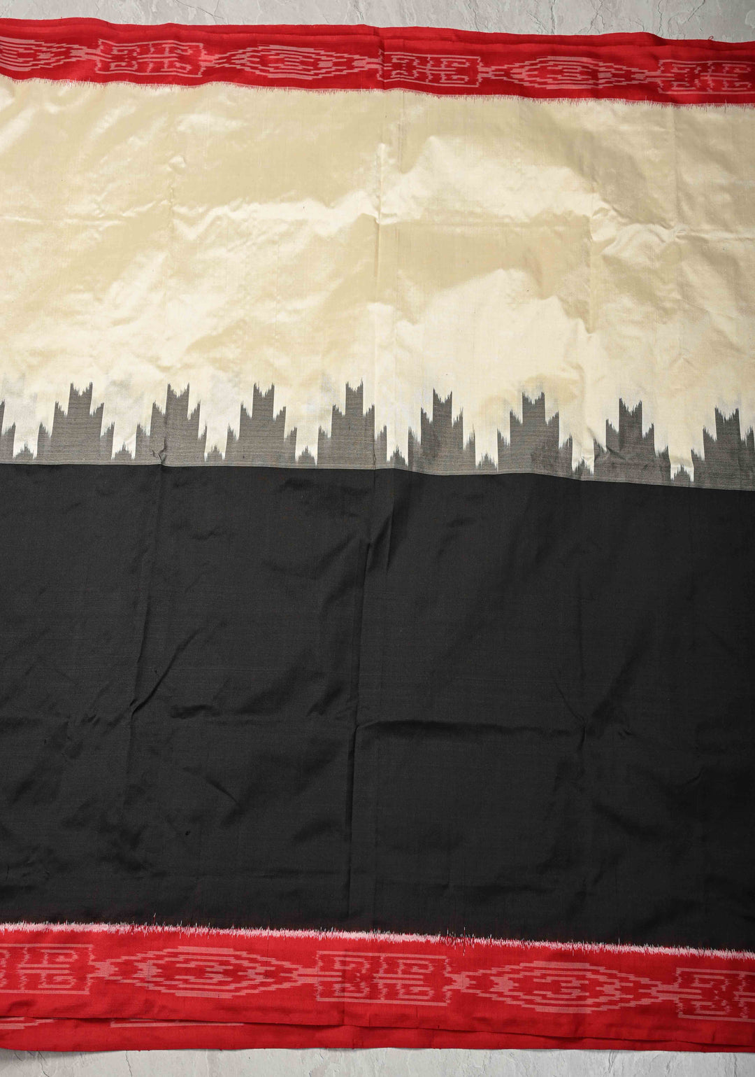 Off white-Black Pochampally Ikkat Pure Silk Half-Half Saree with Contrast Border and Geometric Motifs on Pallu  | SILK MARK CERTIFIED