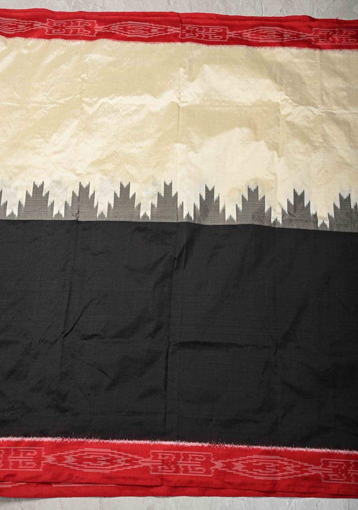 Off white-Black Pochampally Ikkat Pure Silk Half-Half Saree with Contrast Border and Geometric Motifs on Pallu  | SILK MARK CERTIFIED