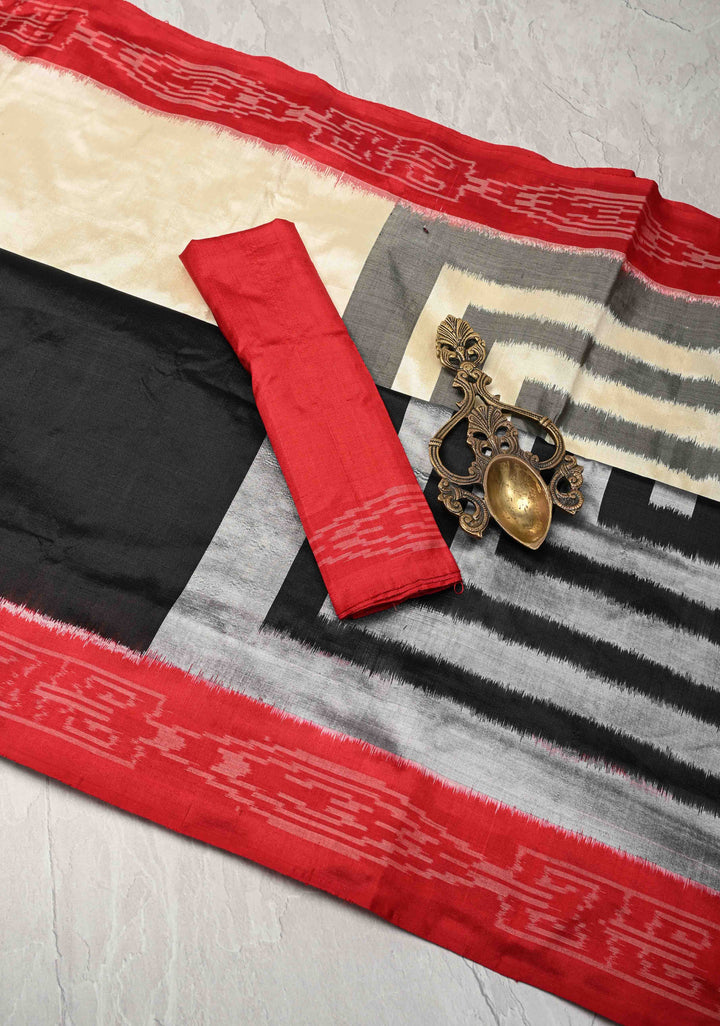 Off white-Black Pochampally Ikkat Pure Silk Half-Half Saree with Contrast Border and Geometric Motifs on Pallu  | SILK MARK CERTIFIED