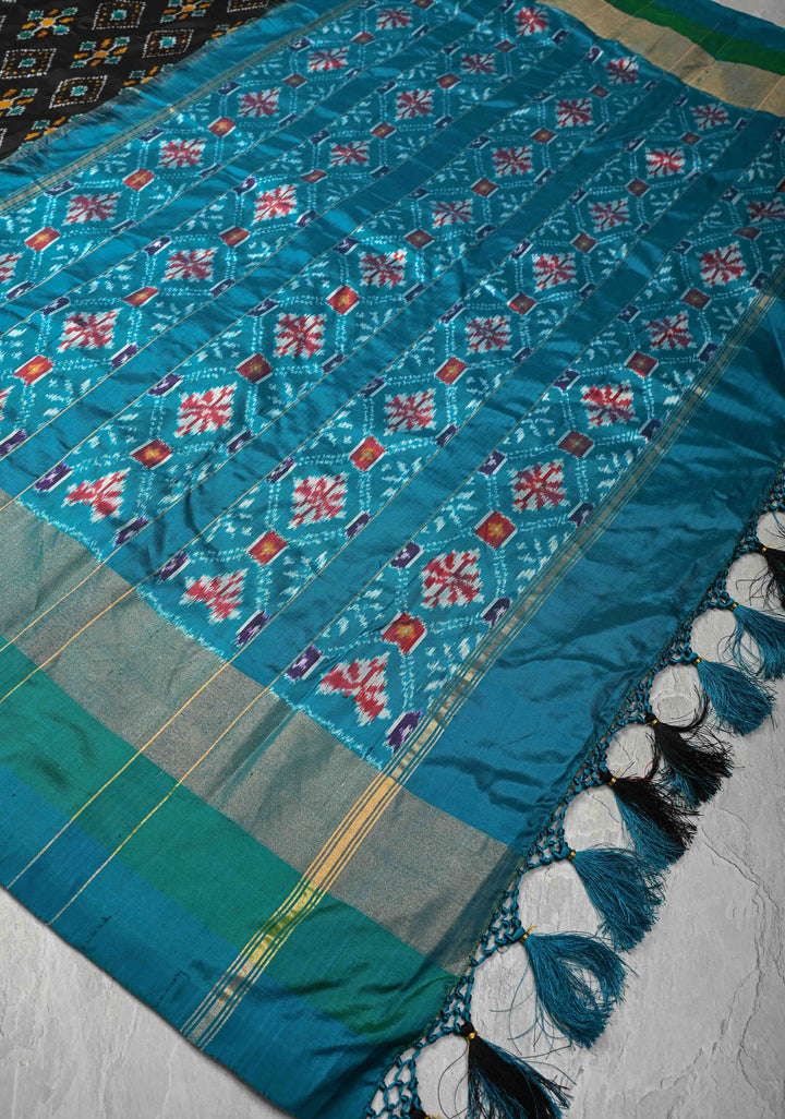 Black Pochampally Ikkat Pure Silk Saree with Brocade and Contrast Zari Border | SILK MARK CERTIFIED