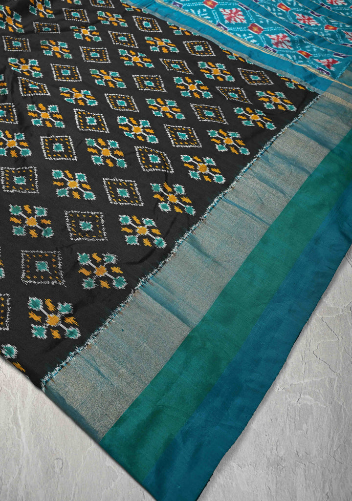 Black Pochampally Ikkat Pure Silk Saree with Brocade and Contrast Zari Border | SILK MARK CERTIFIED