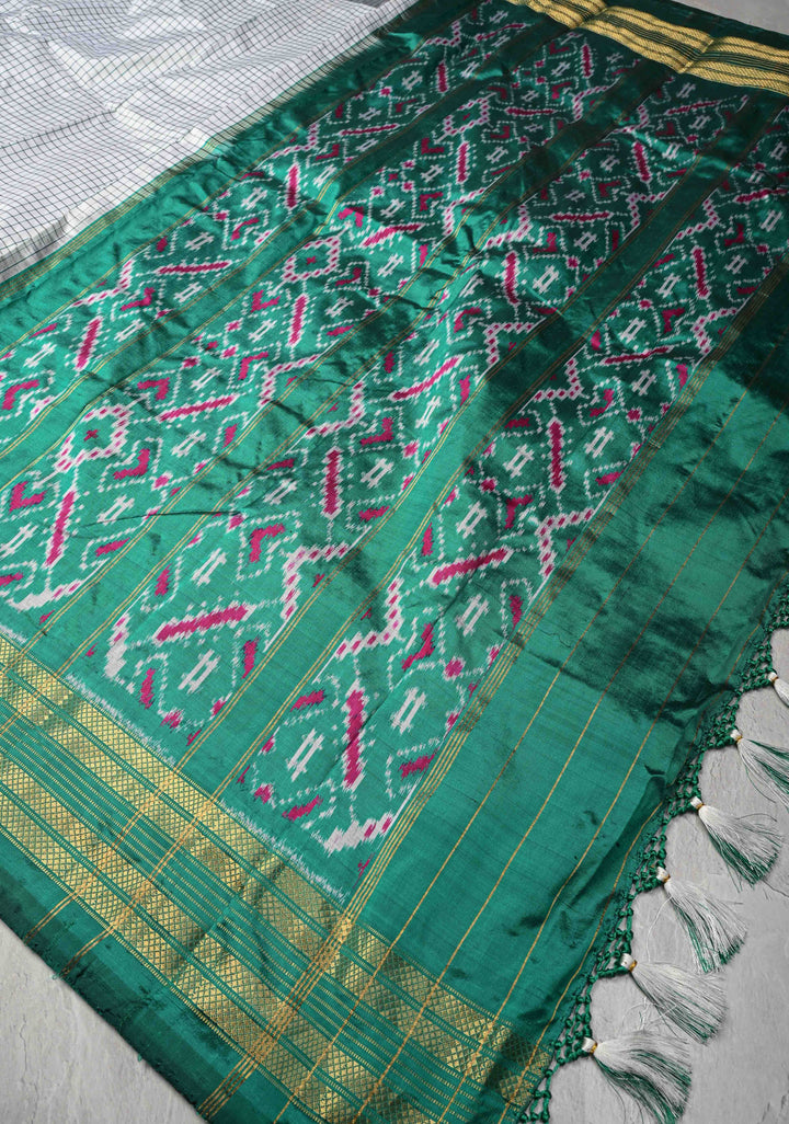 White Checks on Pochampally Ikkat Pure Silk Saree with Contrast Temple Zari Border | SILK MARK CERTIFIED