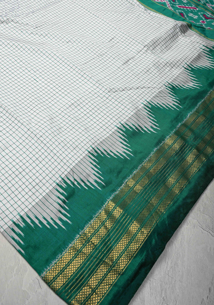 White Checks on Pochampally Ikkat Pure Silk Saree with Contrast Temple Zari Border | SILK MARK CERTIFIED
