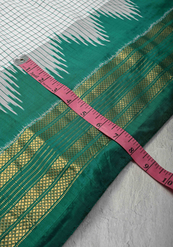 White Checks on Pochampally Ikkat Pure Silk Saree with Contrast Temple Zari Border | SILK MARK CERTIFIED