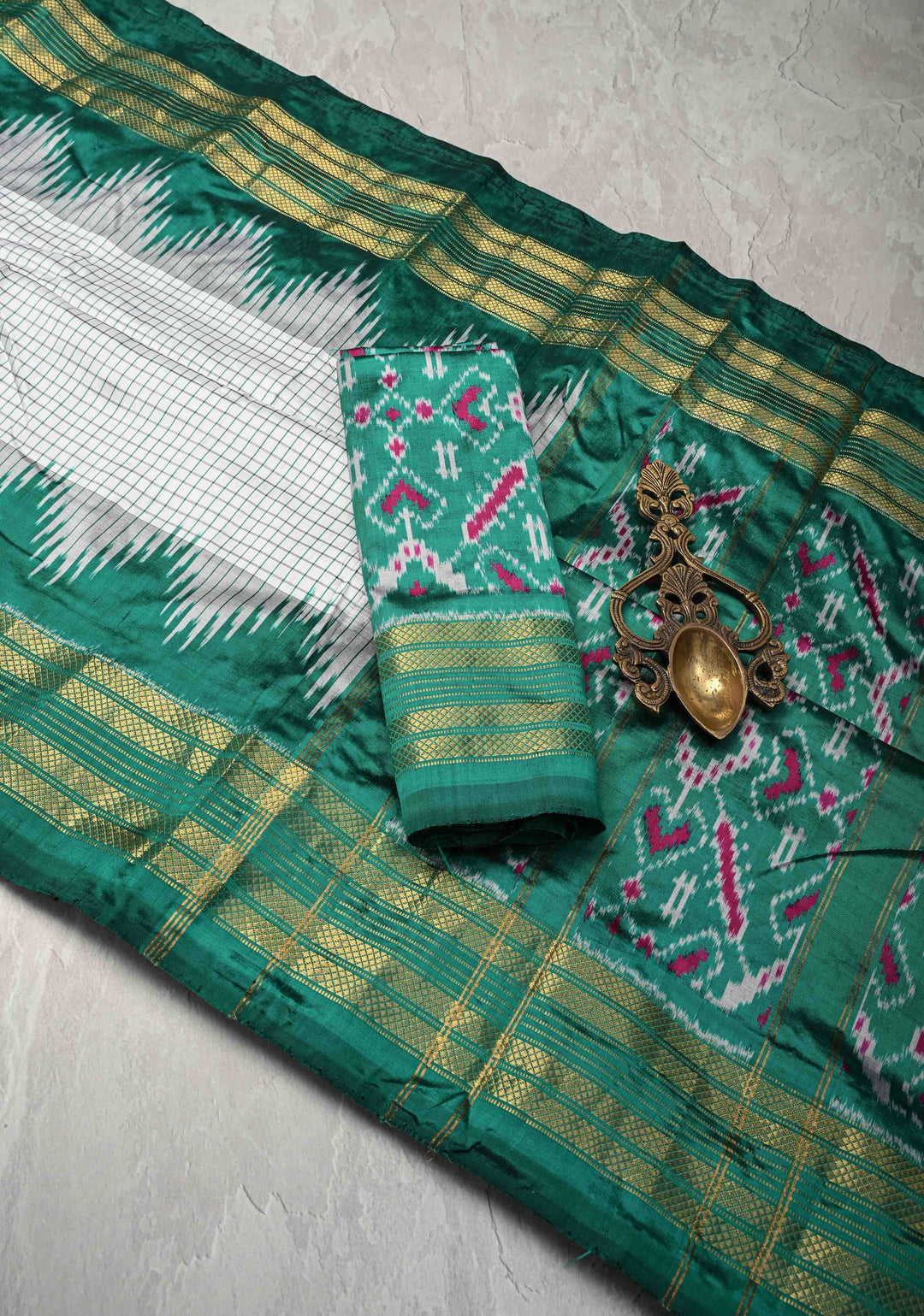 White Checks on Pochampally Ikkat Pure Silk Saree with Contrast Temple Zari Border | SILK MARK CERTIFIED