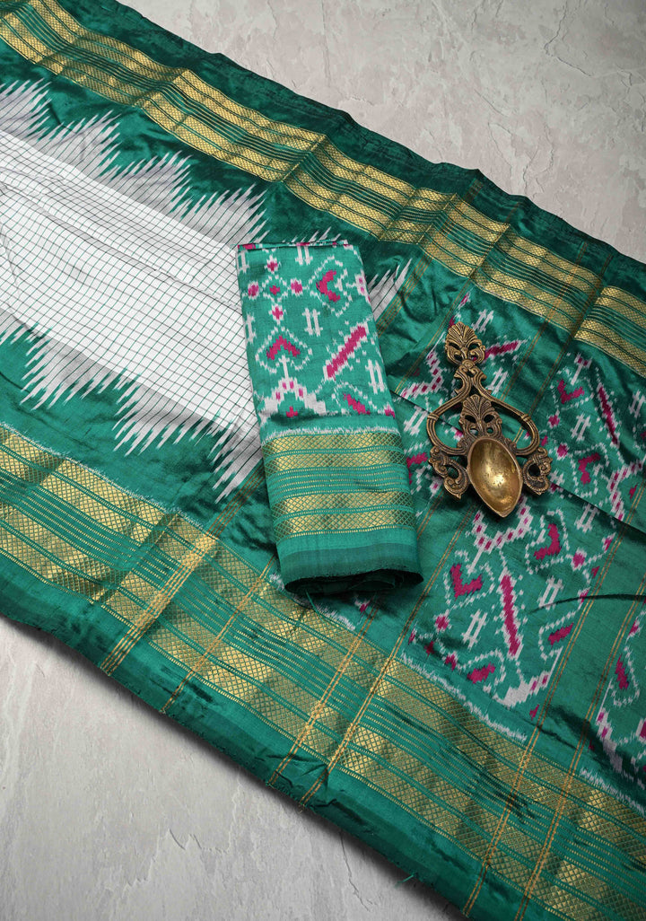 White Checks on Pochampally Ikkat Pure Silk Saree with Contrast Temple Zari Border | SILK MARK CERTIFIED
