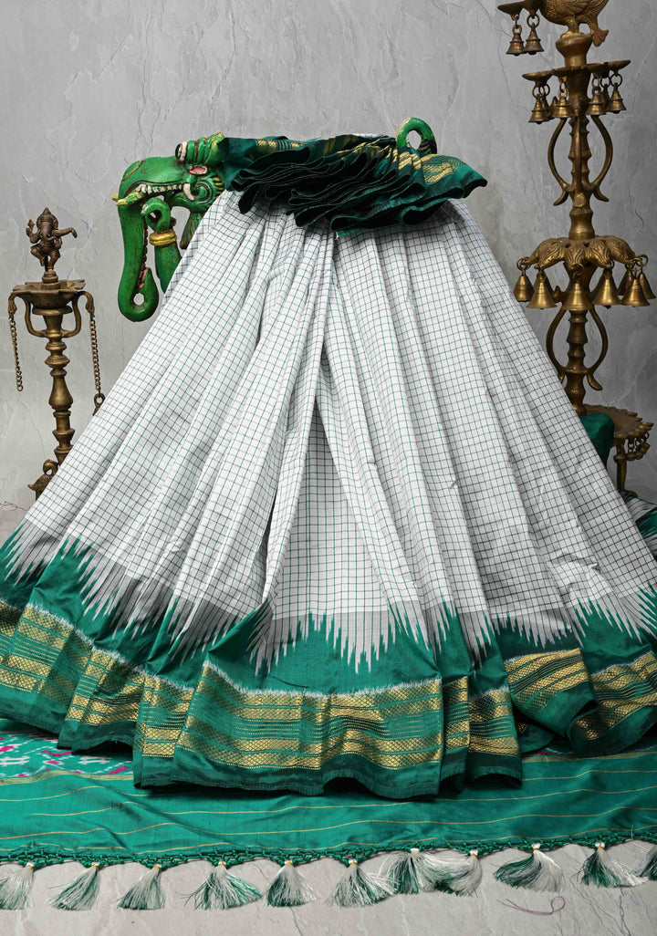 White Checks on Pochampally Ikkat Pure Silk Saree with Contrast Temple Zari Border | SILK MARK CERTIFIED