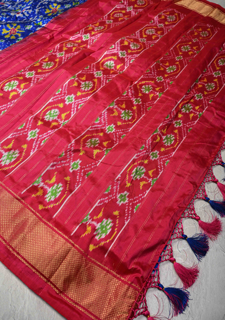 Surajmukhi Blue Pochampally Ikkat Pure Silk Saree with Floral Brocade and Contrast Zari Border  | SILK MARK CERTIFIED