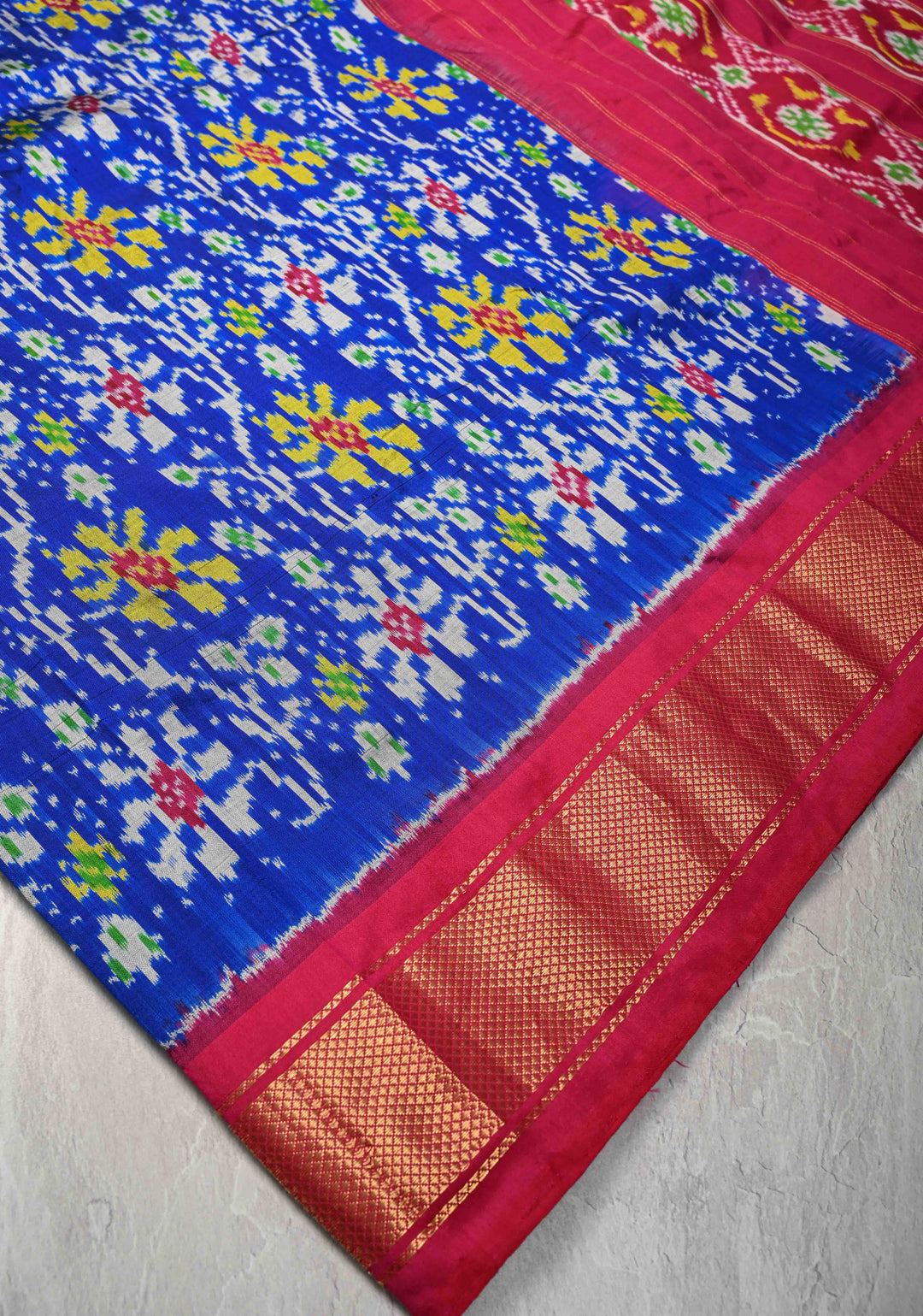 Surajmukhi Blue Pochampally Ikkat Pure Silk Saree with Floral Brocade and Contrast Zari Border  | SILK MARK CERTIFIED