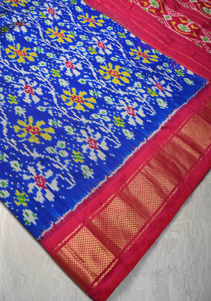 Surajmukhi Blue Pochampally Ikkat Pure Silk Saree with Floral Brocade and Contrast Zari Border  | SILK MARK CERTIFIED