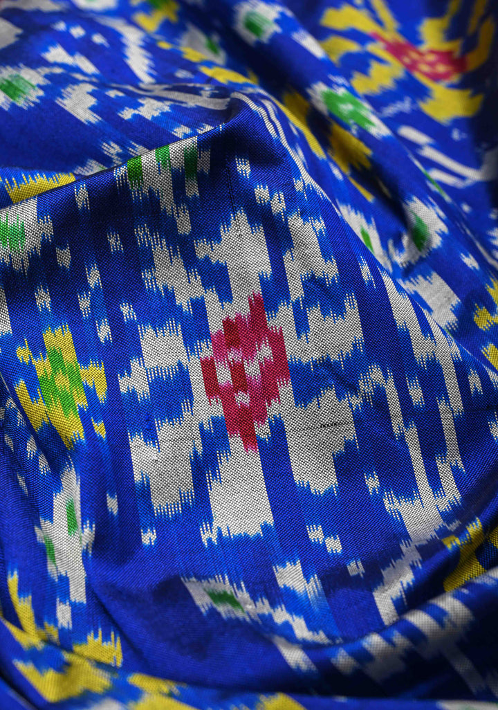 Surajmukhi Blue Pochampally Ikkat Pure Silk Saree with Floral Brocade and Contrast Zari Border  | SILK MARK CERTIFIED