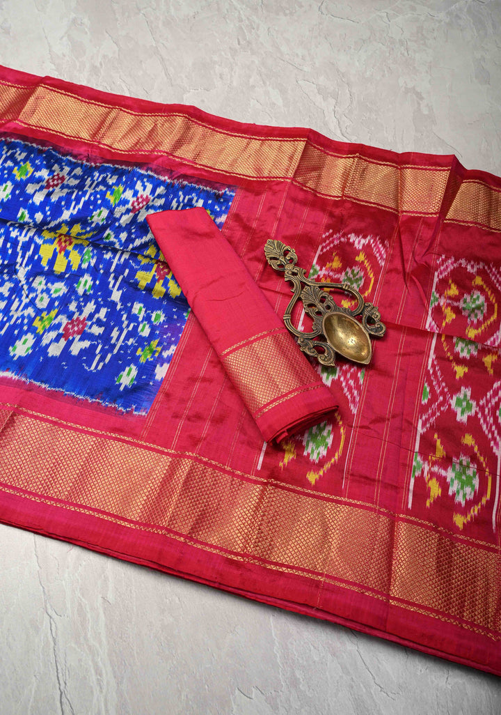 Surajmukhi Blue Pochampally Ikkat Pure Silk Saree with Floral Brocade and Contrast Zari Border  | SILK MARK CERTIFIED