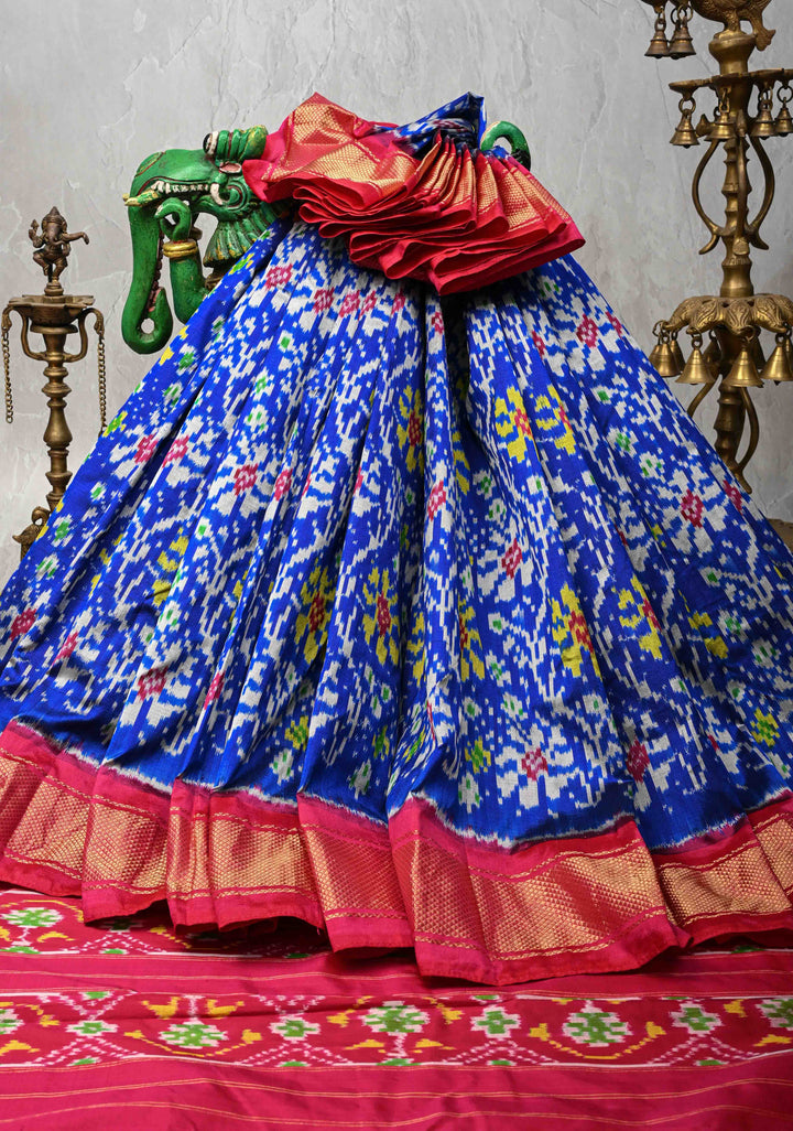 Surajmukhi Blue Pochampally Ikkat Pure Silk Saree with Floral Brocade and Contrast Zari Border  | SILK MARK CERTIFIED