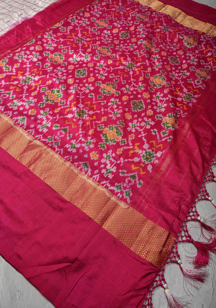 White Pochampally Ikkat Pure Silk Saree with Checks and Zari Panel on Multicolor Pallum Pazhamum Border  | SILK MARK CERTIFIED
