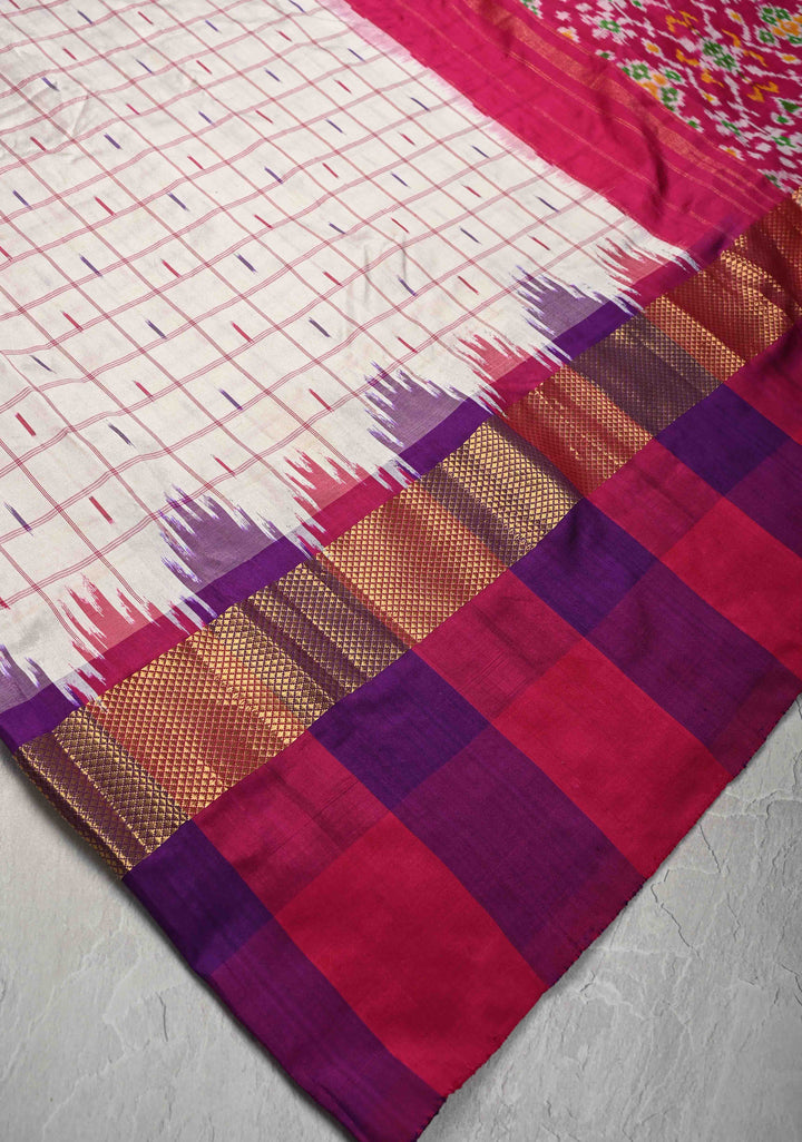 White Pochampally Ikkat Pure Silk Saree with Checks and Zari Panel on Multicolor Pallum Pazhamum Border  | SILK MARK CERTIFIED