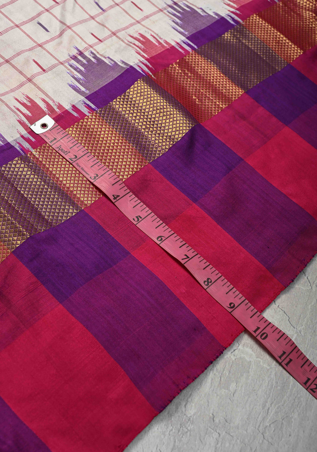 White Pochampally Ikkat Pure Silk Saree with Checks and Zari Panel on Multicolor Pallum Pazhamum Border  | SILK MARK CERTIFIED