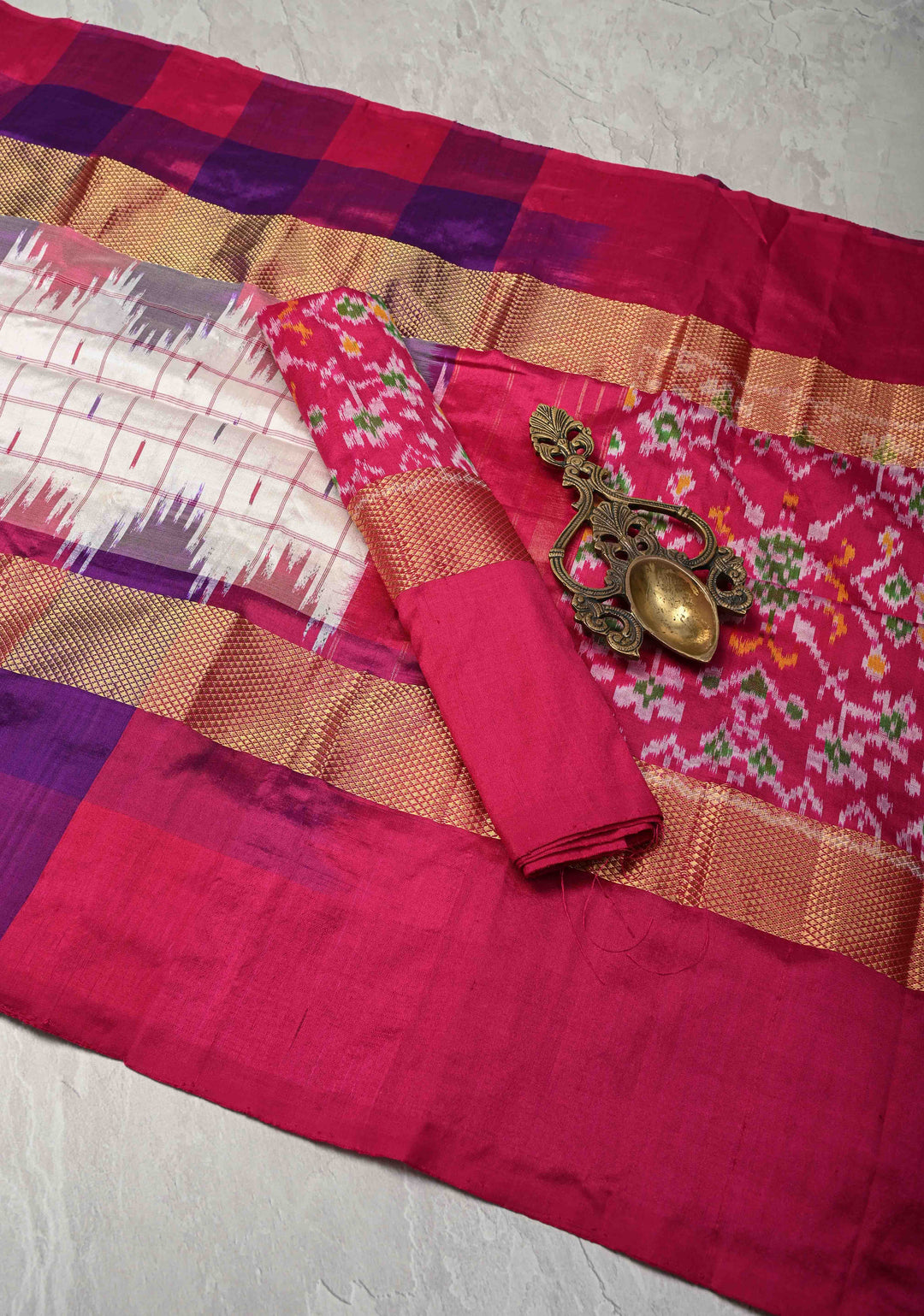 White Pochampally Ikkat Pure Silk Saree with Checks and Zari Panel on Multicolor Pallum Pazhamum Border  | SILK MARK CERTIFIED
