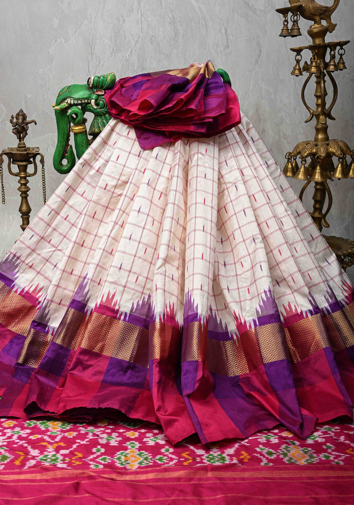 White Pochampally Ikkat Pure Silk Saree with Checks and Zari Panel on Multicolor Pallum Pazhamum Border  | SILK MARK CERTIFIED