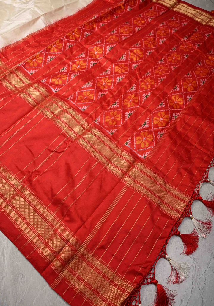 Ivory Patola Kanjivaram Fusion Silk Saree with Zari Border and ikkat pallu | SILK MARK CERTIFIED