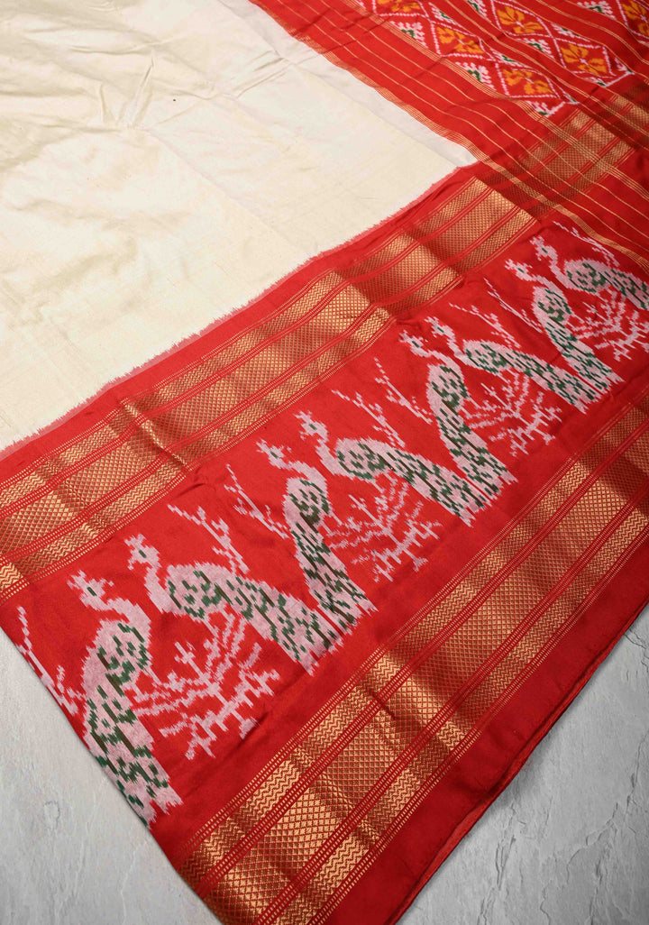 Ivory Patola Kanjivaram Fusion Silk Saree with Zari Border and ikkat pallu | SILK MARK CERTIFIED