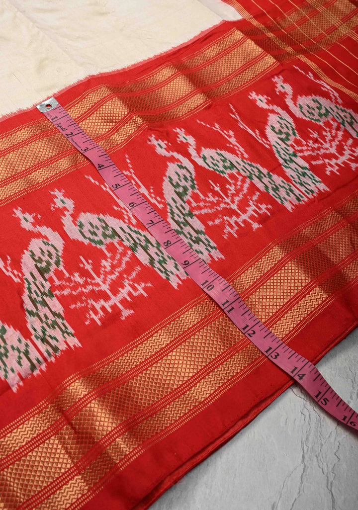 Ivory Patola Kanjivaram Fusion Silk Saree with Zari Border and ikkat pallu | SILK MARK CERTIFIED