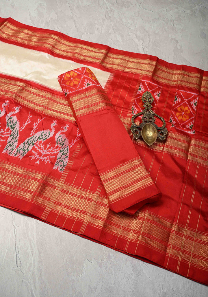 Ivory Patola Kanjivaram Fusion Silk Saree with Zari Border and ikkat pallu | SILK MARK CERTIFIED