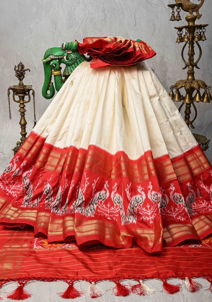 Ivory Patola Kanjivaram Fusion Silk Saree with Zari Border and ikkat pallu | SILK MARK CERTIFIED