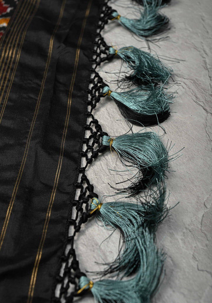 Sage Dual tone Pochampally Ikkat Pure Silk Saree with Contrast Black Border | SILK MARK CERTIFIED