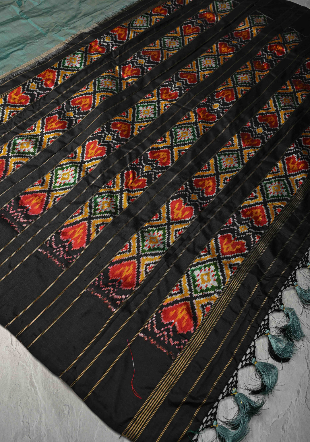 Sage Dual tone Pochampally Ikkat Pure Silk Saree with Contrast Black Border | SILK MARK CERTIFIED