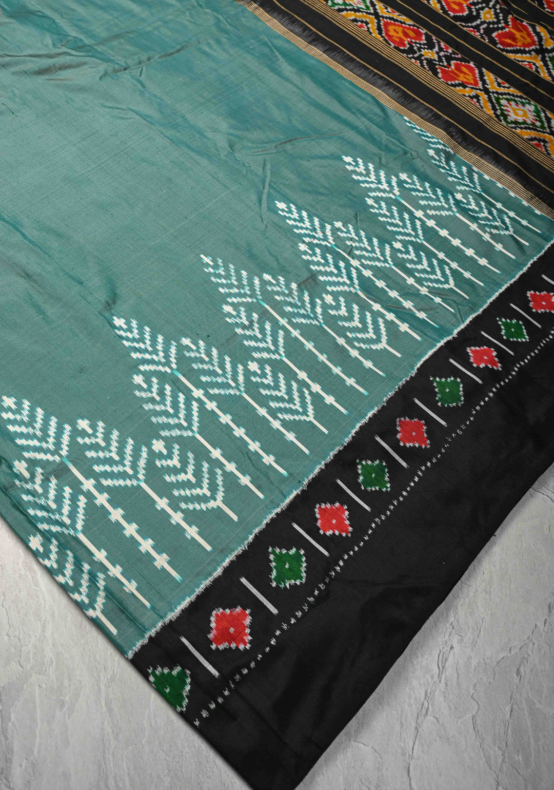 Sage Dual tone Pochampally Ikkat Pure Silk Saree with Contrast Black Border | SILK MARK CERTIFIED