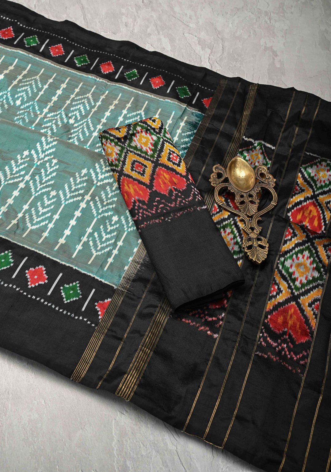 Sage Dual tone Pochampally Ikkat Pure Silk Saree with Contrast Black Border | SILK MARK CERTIFIED