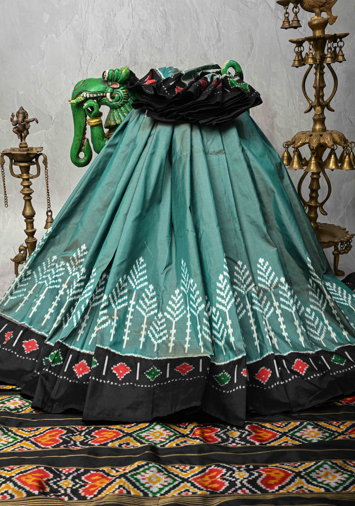 Sage Dual tone Pochampally Ikkat Pure Silk Saree with Contrast Black Border | SILK MARK CERTIFIED