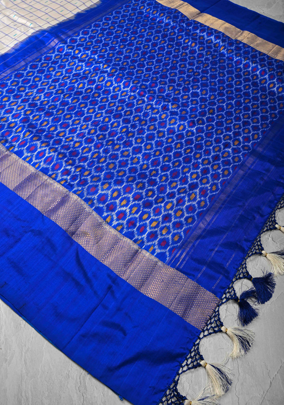 Off White  Ikkat Silk Saree with with Checks and Zari Panel on Multicolor Pallum Pazhamum Border | SILK MARK CERTIFIED