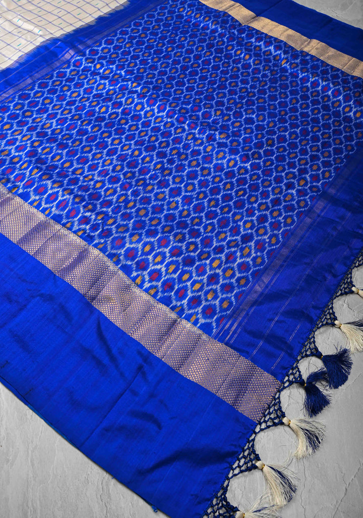 Off White  Ikkat Silk Saree with with Checks and Zari Panel on Multicolor Pallum Pazhamum Border | SILK MARK CERTIFIED